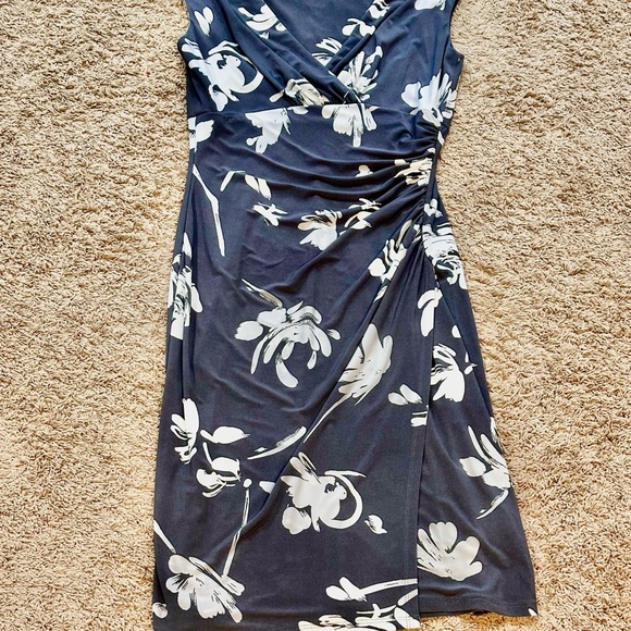Lauren Ralph Lauren Womens 4 V Neck Ruched Gray Floral Jersey Dress Preowned - Picture 1 of 3